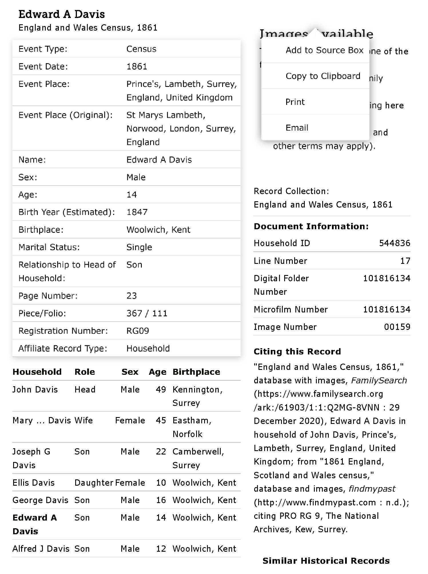 Edward A Davis 1861 England and Wales Census